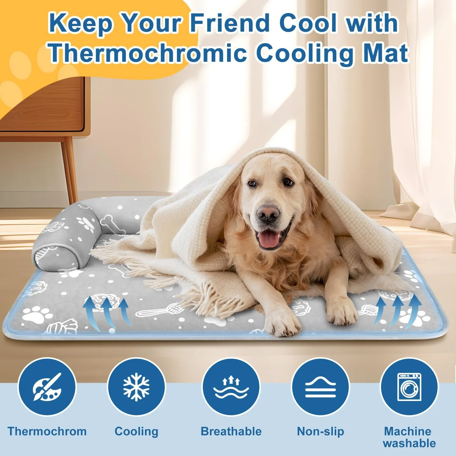 MH MYLUNE HOME Dog Cooling Mat with Supportive Pillows, 44"x32" Arc-Chill Fiber & Endothermic Color Changing Self Cooling Pad, Foldable & Washable Non-Toxic Summer Pet Blanket