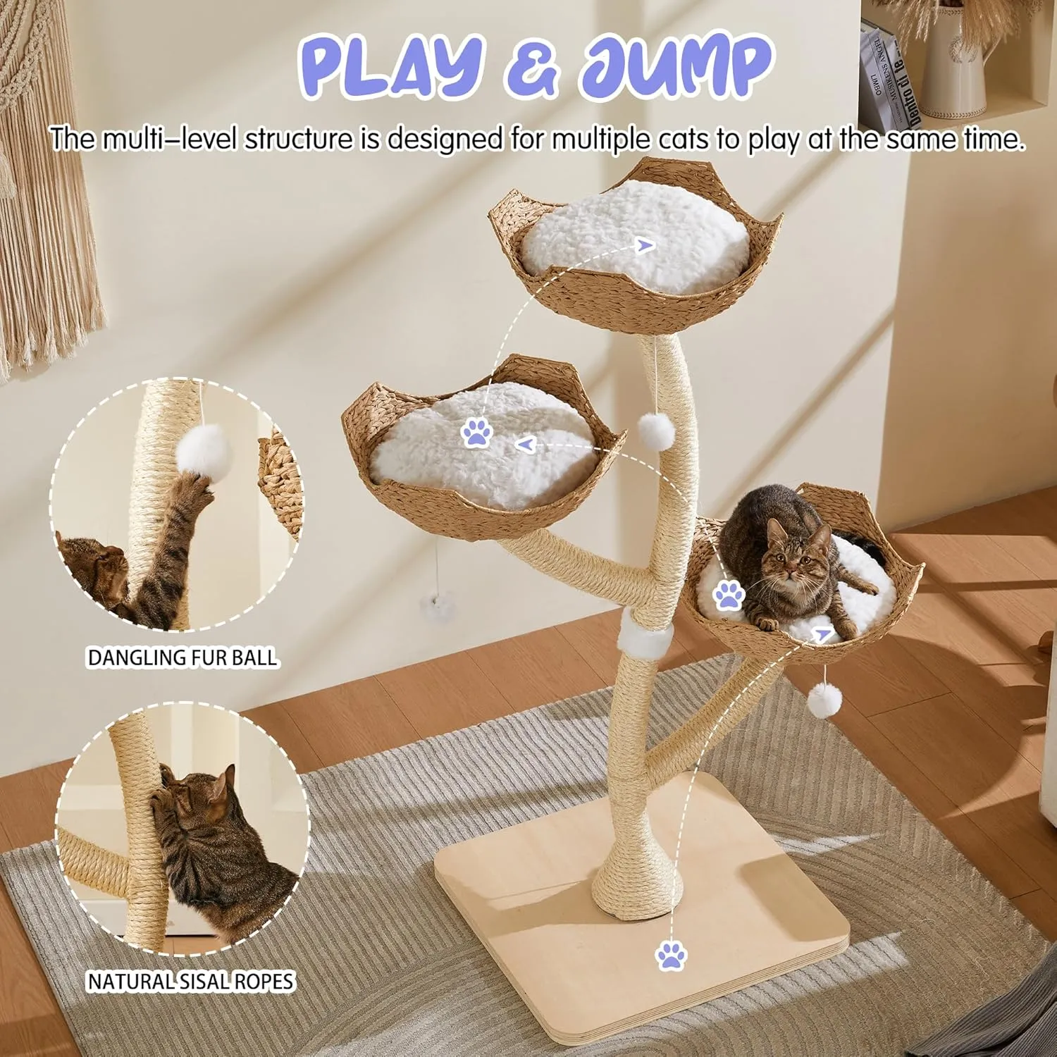 Modern Cat Tree 53" Tall, Scratching Tower for Multiple Small Large Cats with Scratching Post, Multi-Level Luxury Cat Condo