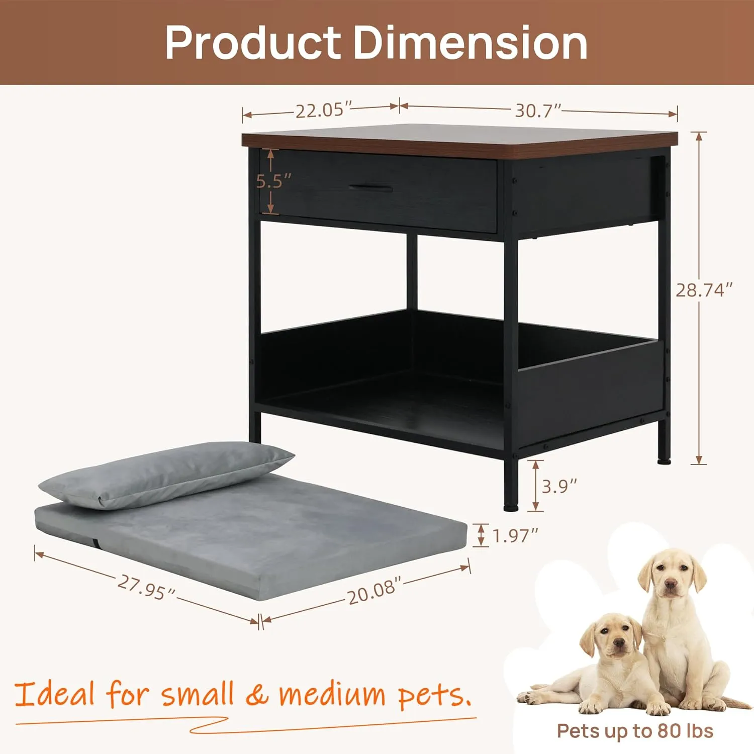 Modern Dog Bed End Table with Storage Drawer, Open Design Dog Crate Furniture, Removable Washable Multi-Functional Nightstand for Small Medium Dogs Indoor Use (Black)