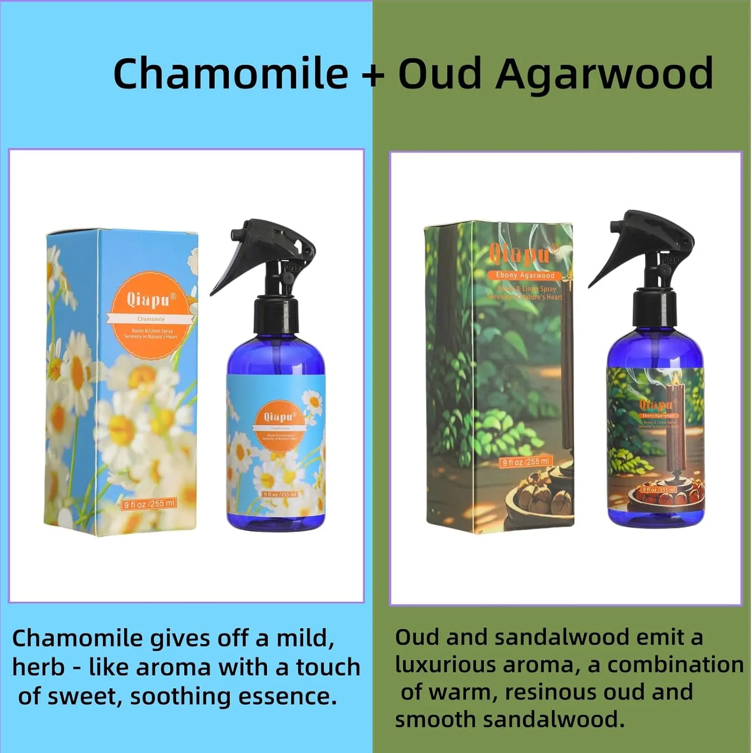 Natural Bedroom Linen Spray Scented Room Mist with Plant Extracts Long Lasting Freshness for Sheets, Pillows & Curtains  9oz 2BottleChamomile   Oud 