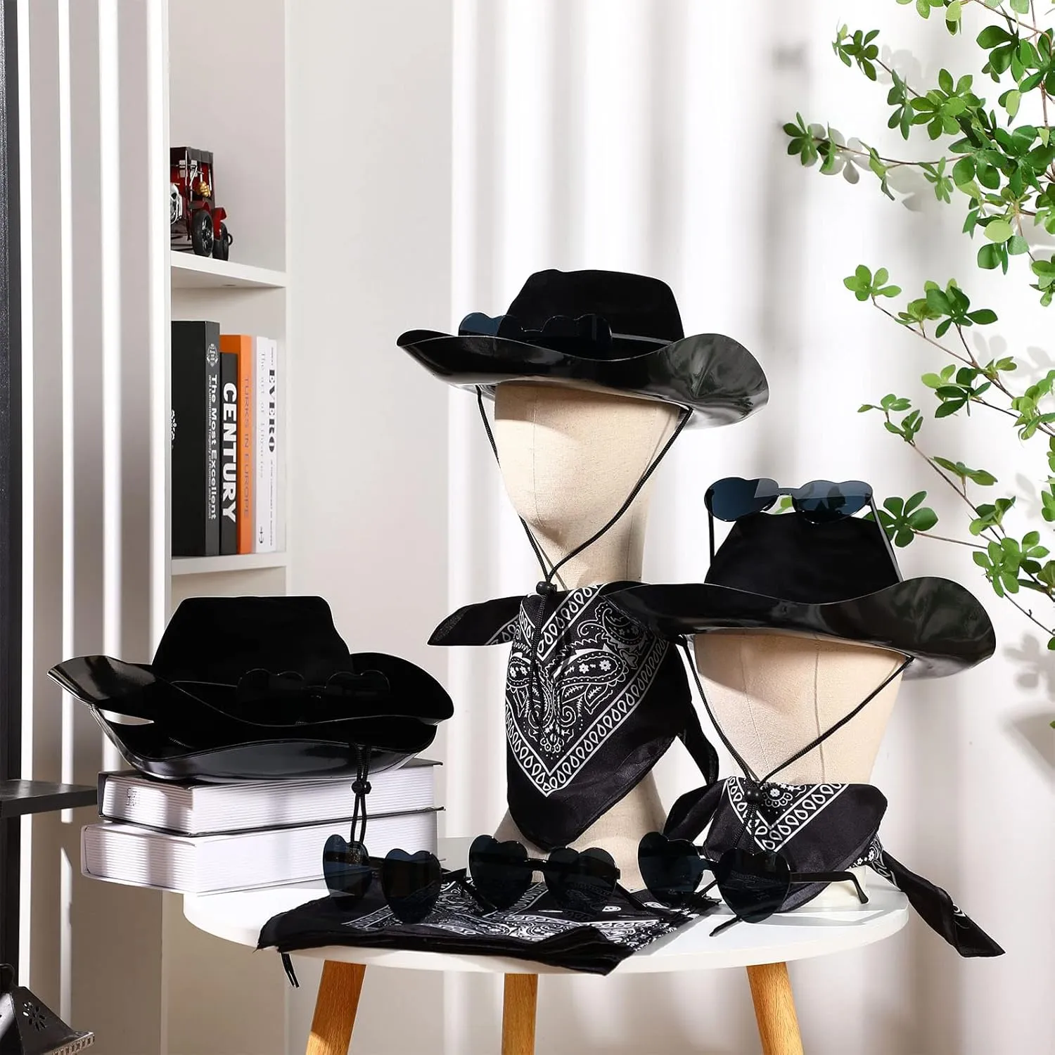 Newcotte 18 Pcs Western Cowboy Plastic Hat Set Include 6 Hats 6 Paisley Bandanas 6 Pairs Heart Glasses for Party