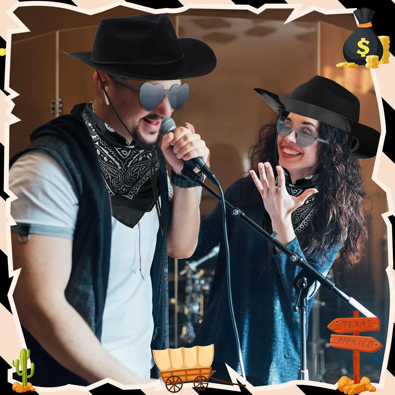 Newcotte 18 Pcs Western Cowboy Plastic Hat Set Include 6 Hats 6 Paisley Bandanas 6 Pairs Heart Glasses for Party