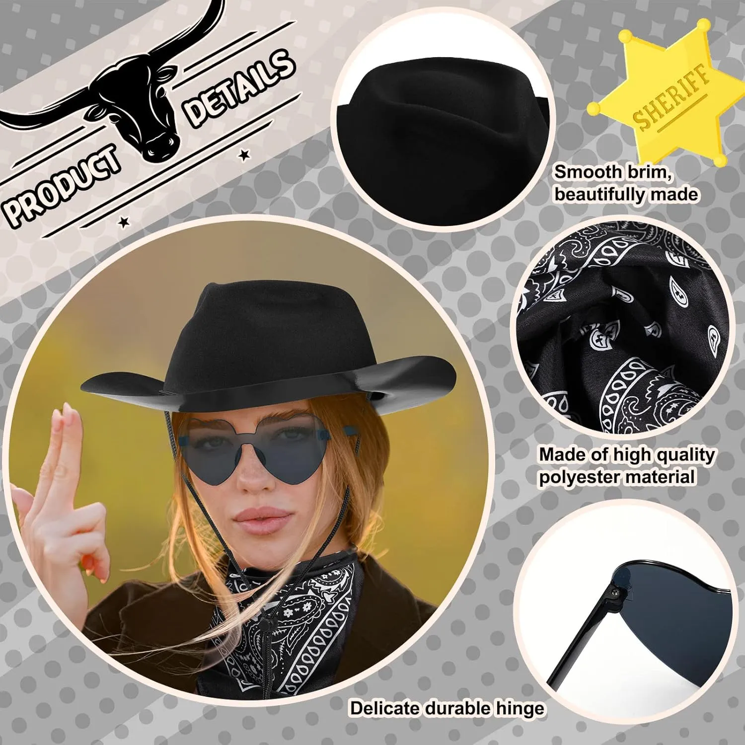 Newcotte 18 Pcs Western Cowboy Plastic Hat Set Include 6 Hats 6 Paisley Bandanas 6 Pairs Heart Glasses for Party
