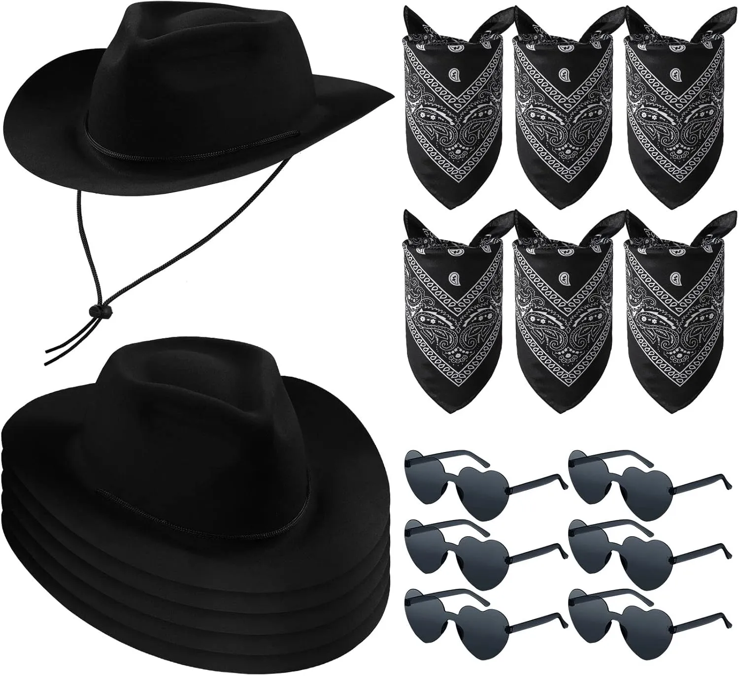 Newcotte 18 Pcs Western Cowboy Plastic Hat Set Include 6 Hats 6 Paisley Bandanas 6 Pairs Heart Glasses for Party