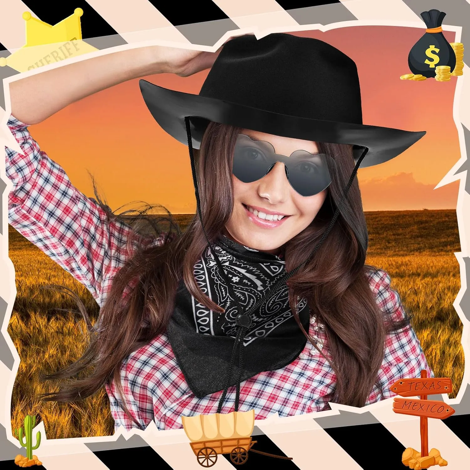 Newcotte 18 Pcs Western Cowboy Plastic Hat Set Include 6 Hats 6 Paisley Bandanas 6 Pairs Heart Glasses for Party