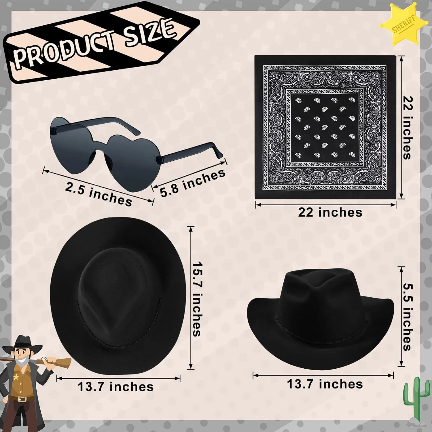 Newcotte 18 Pcs Western Cowboy Plastic Hat Set Include 6 Hats 6 Paisley Bandanas 6 Pairs Heart Glasses for Party