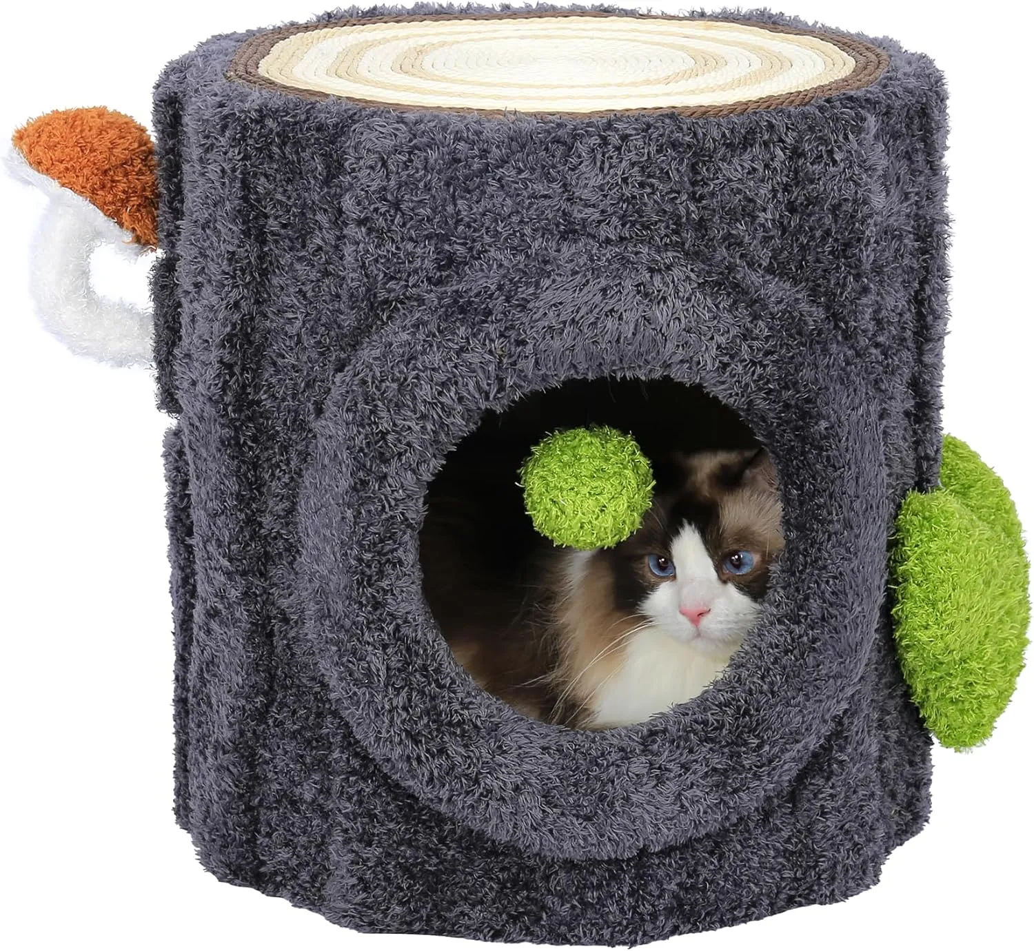 NUNU Cat House with Scratch Table  Soft Cushion, Luxury Wood Cat Condo with Scratching Post, Cat House with Hanging Ball Toy for Indoor Cats (Grey)
