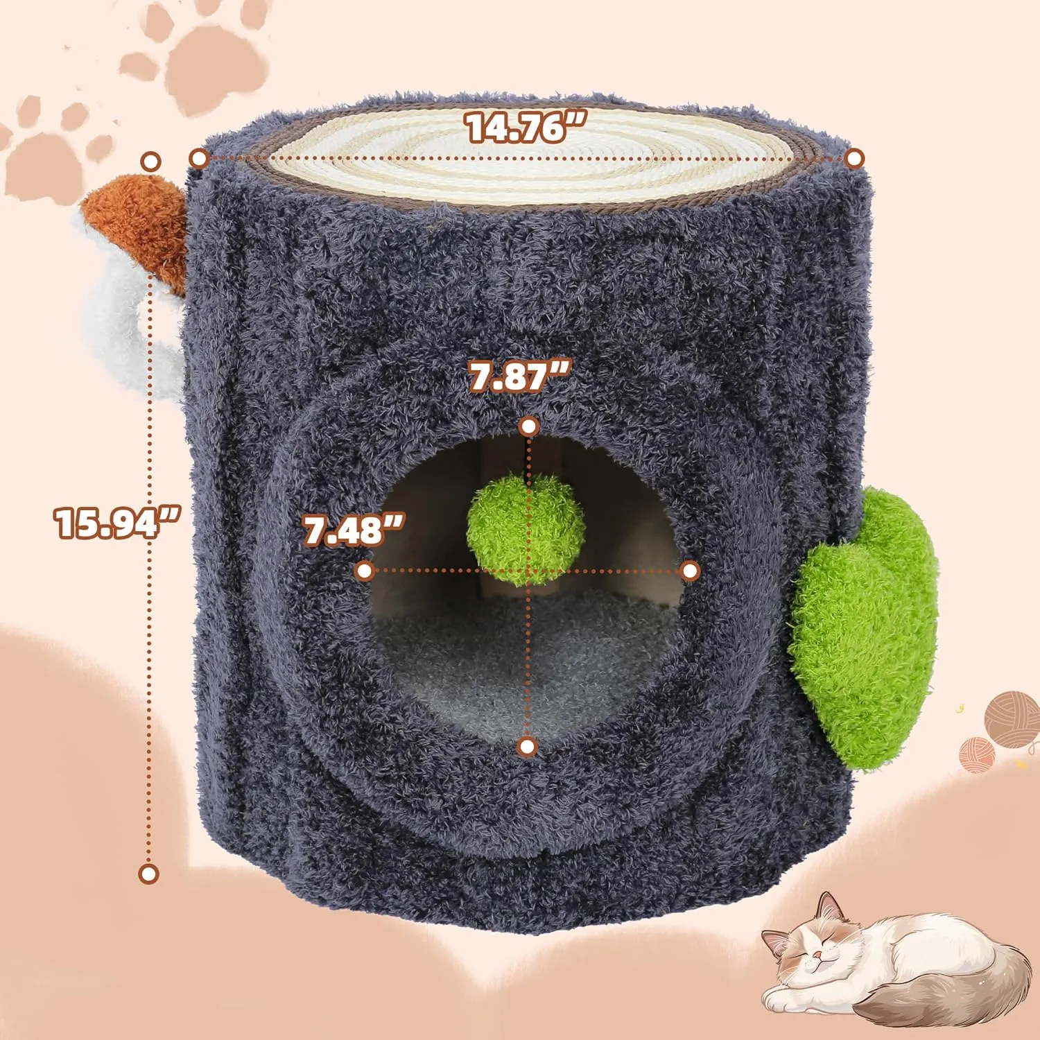NUNU Cat House with Scratch Table  Soft Cushion, Luxury Wood Cat Condo with Scratching Post, Cat House with Hanging Ball Toy for Indoor Cats (Grey)
