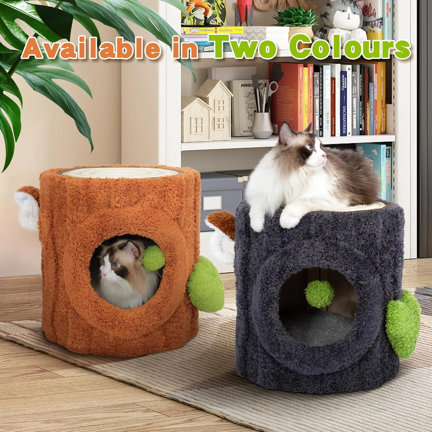 NUNU Cat House with Scratch Table  Soft Cushion, Luxury Wood Cat Condo with Scratching Post, Cat House with Hanging Ball Toy for Indoor Cats (Grey)