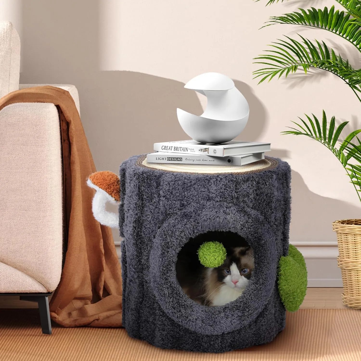 NUNU Cat House with Scratch Table  Soft Cushion, Luxury Wood Cat Condo with Scratching Post, Cat House with Hanging Ball Toy for Indoor Cats (Grey)