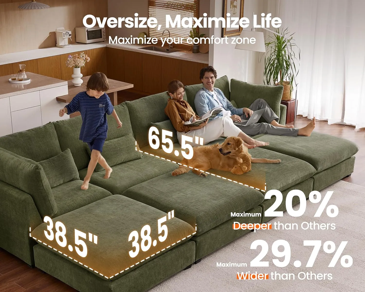 Oversized Modular Sofa, Extra Deep Cloud Chenille Sectional Couch with Ottoman Chaise, Fluffy Chenille 6 Seater Couch Bed for Living Room, Villa (Sofa Bed 6 Seater, Chenille Green)