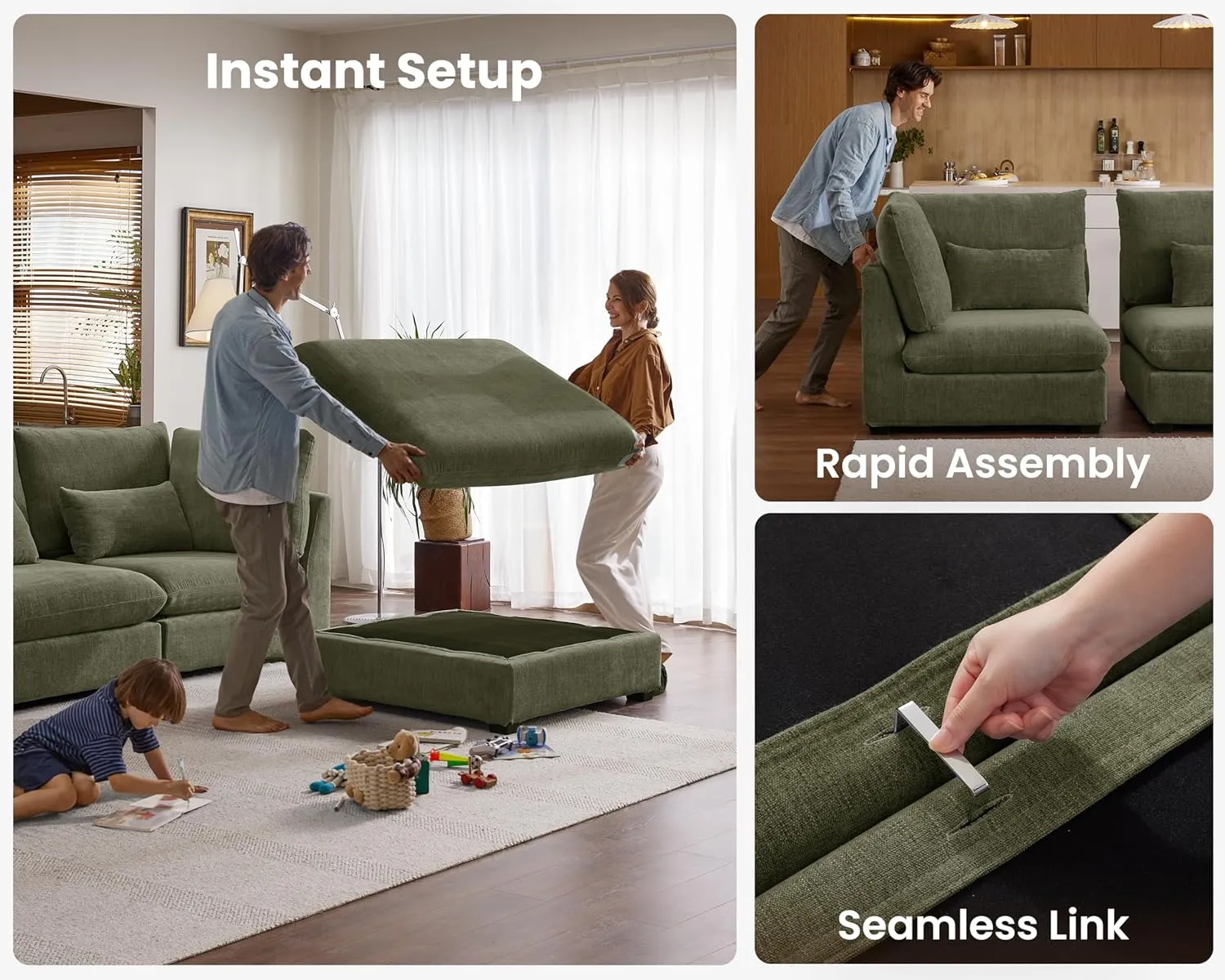 Oversized Modular Sofa, Extra Deep Cloud Chenille Sectional Couch with Ottoman Chaise, Fluffy Chenille 6 Seater Couch Bed for Living Room, Villa (Sofa Bed 6 Seater, Chenille Green)