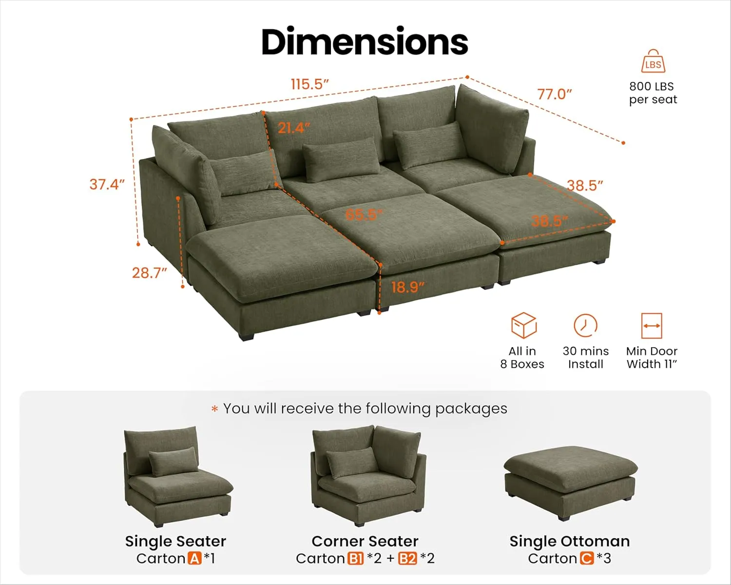 Oversized Modular Sofa, Extra Deep Cloud Chenille Sectional Couch with Ottoman Chaise, Fluffy Chenille 6 Seater Couch Bed for Living Room, Villa (Sofa Bed 6 Seater, Chenille Green)