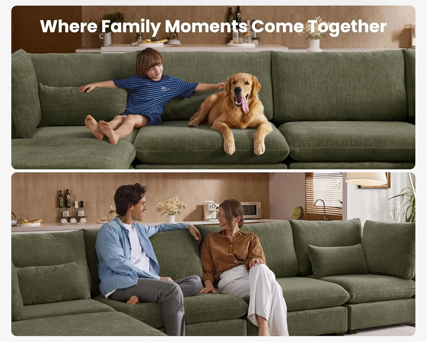 Oversized Modular Sofa, Extra Deep Cloud Chenille Sectional Couch with Ottoman Chaise, Fluffy Chenille 6 Seater Couch Bed for Living Room, Villa (Sofa Bed 6 Seater, Chenille Green)
