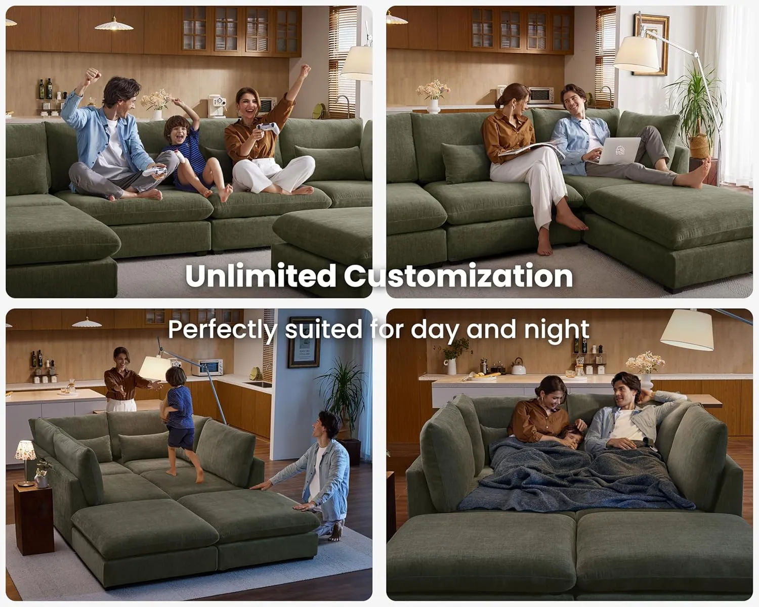Oversized Modular Sofa, Extra Deep Cloud Chenille Sectional Couch with Ottoman Chaise, Fluffy Chenille 6 Seater Couch Bed for Living Room, Villa (Sofa Bed 6 Seater, Chenille Green)