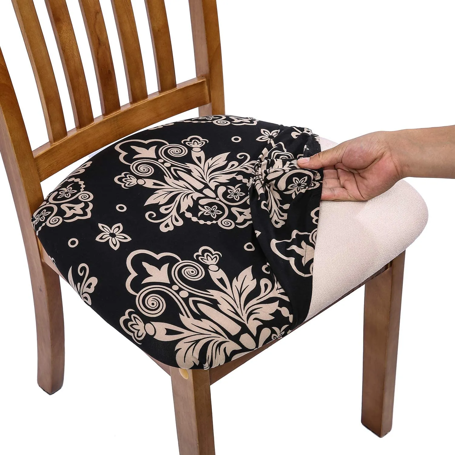 Pattern Stretchable Dining Chair Seat Cover Red with Golden Pattern