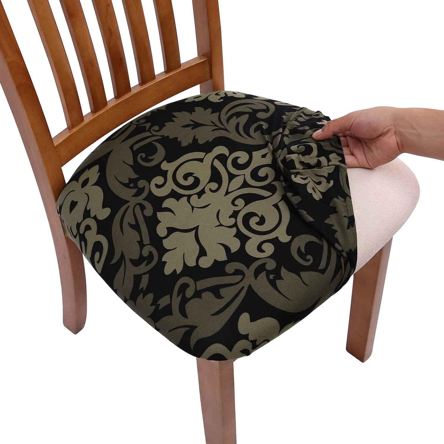 Pattern Stretchable Dining Chair Seat Cover Red with Golden Pattern