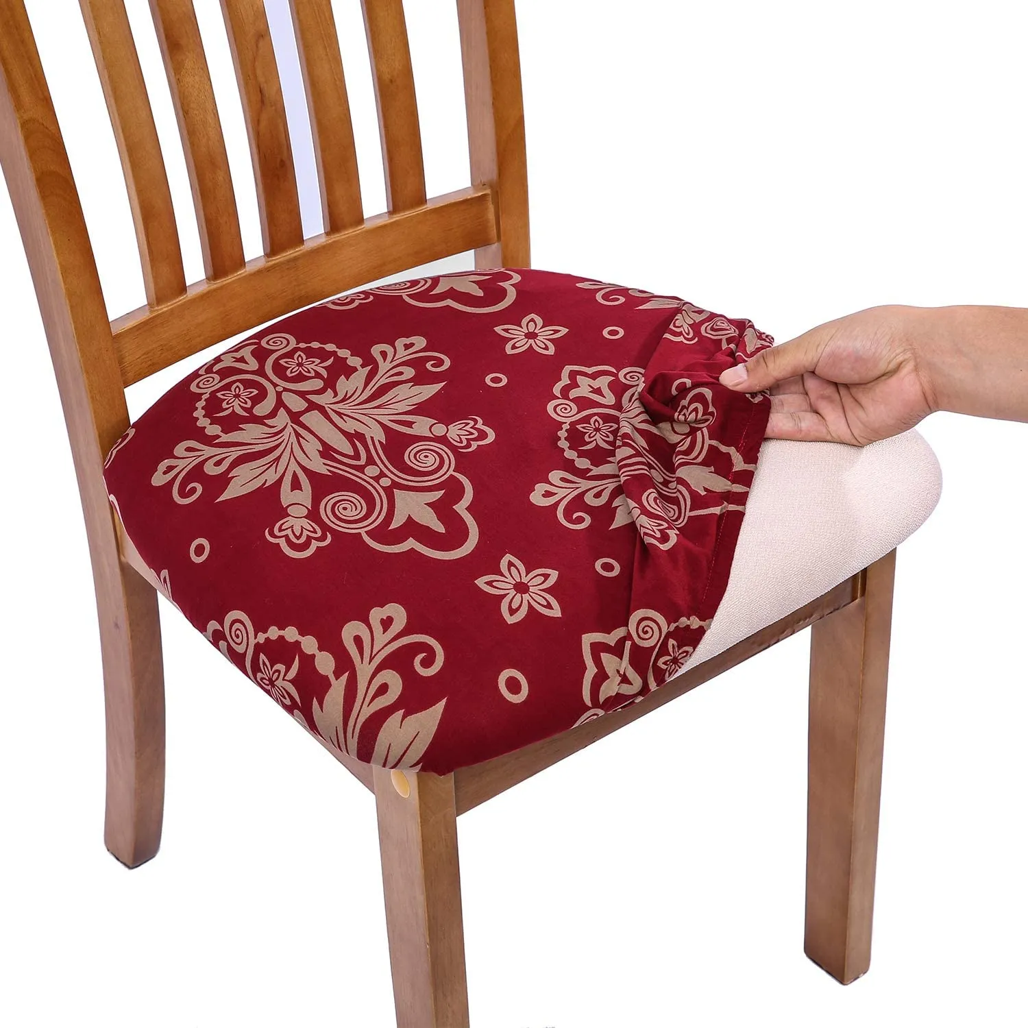 Pattern Stretchable Dining Chair Seat Cover Red with Golden Pattern