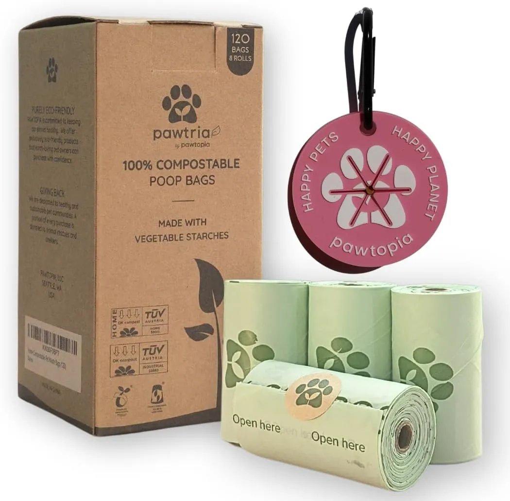 Pawtria Certified Home Compostable Dog Poop Bags (120 Bags   Pink Poop Bag Carrier), Biodegradable Poop Bags, Vegetable Starches, Leak proof Dog Waste Bags, Light-weight silicone made bag carrier