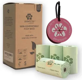 Pawtria Certified Home Compostable Dog Poop Bags (120 Bags   Pink Poop Bag Carrier), Biodegradable Poop Bags, Vegetable Starches, Leak proof Dog Waste Bags, Light-weight silicone made bag carrier