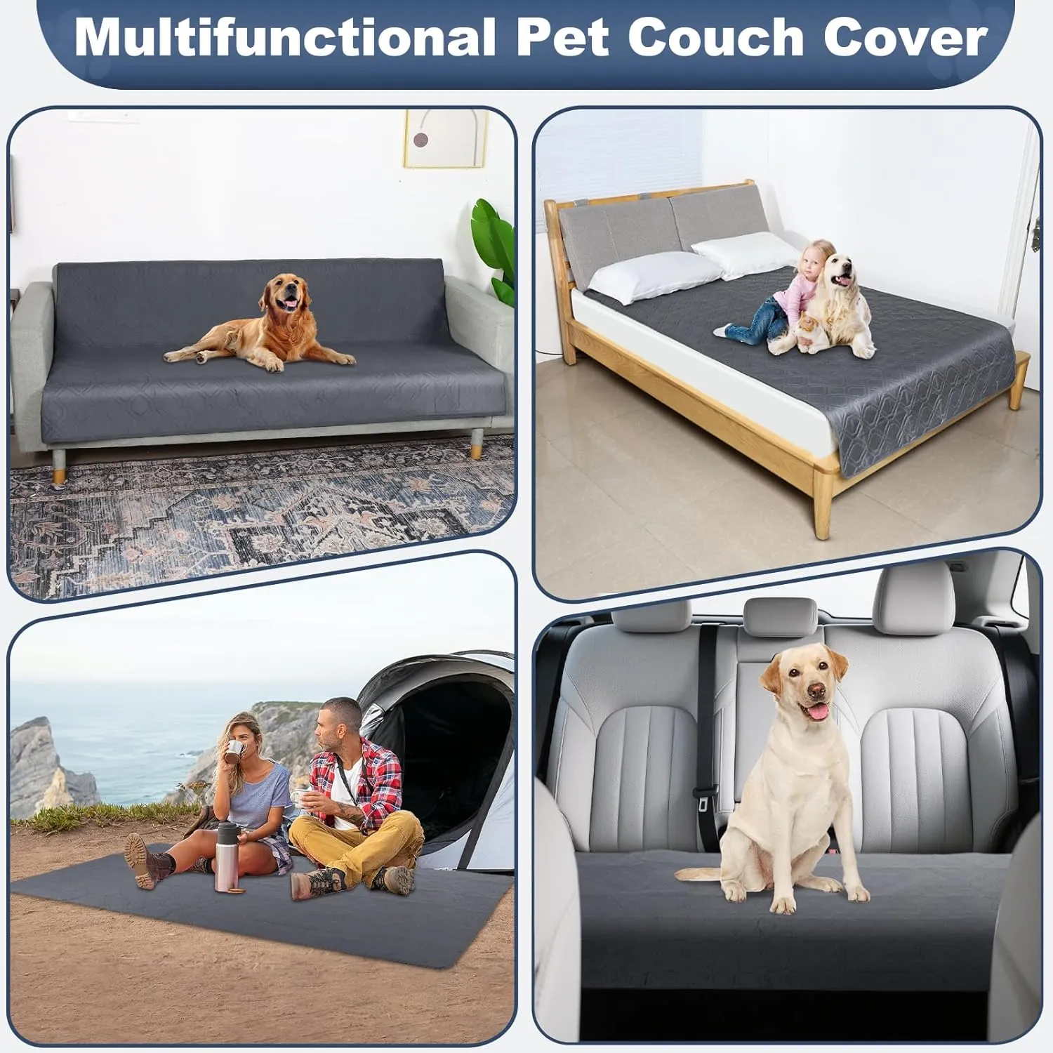 Pet Couch Cover, Waterproof Anti-slip Couch Covers for Dogs, Leak-proof Couchs Protector for Dogs, Double-sided Available Furniture Covers for Pets Dogs Cat Home Travel Car Picnic Use (Grey, 52x82in)