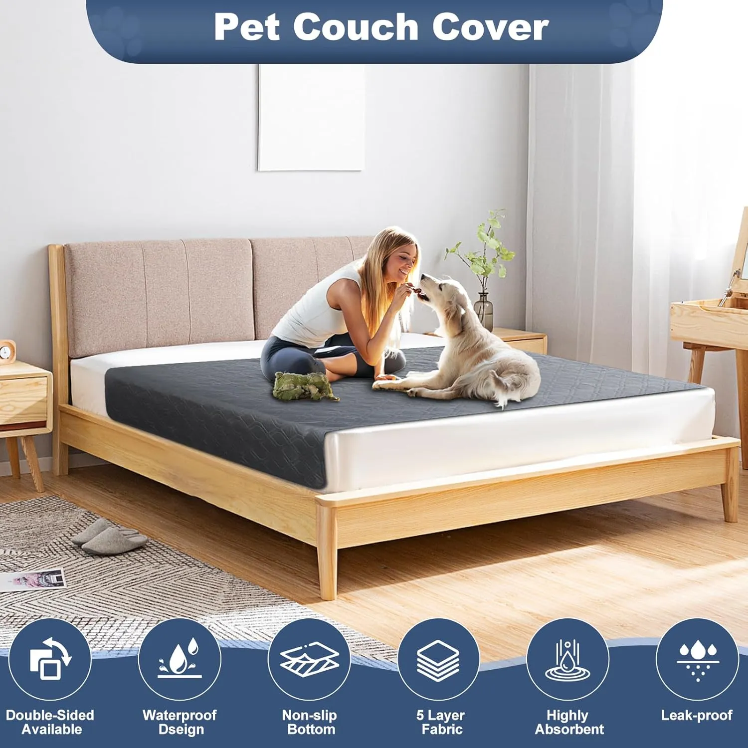 Pet Couch Cover, Waterproof Anti-slip Couch Covers for Dogs, Leak-proof Couchs Protector for Dogs, Double-sided Available Furniture Covers for Pets Dogs Cat Home Travel Car Picnic Use (Grey, 52x82in)