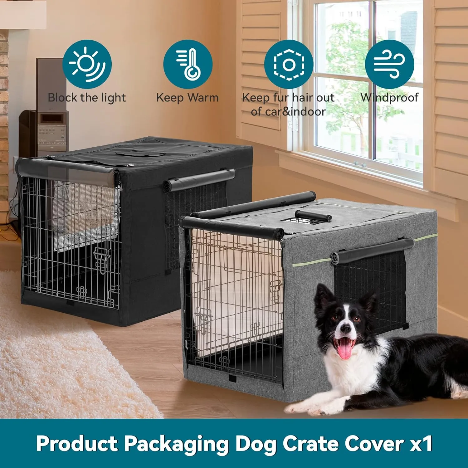 PETSFIT Crate Cover for Wire Dog Crate(30in/36inch/42inch), Single Door/Double Doors, Mesh Window, Flap On The Top and Back is Detachable, Dog Kennel Cover Black 30inch