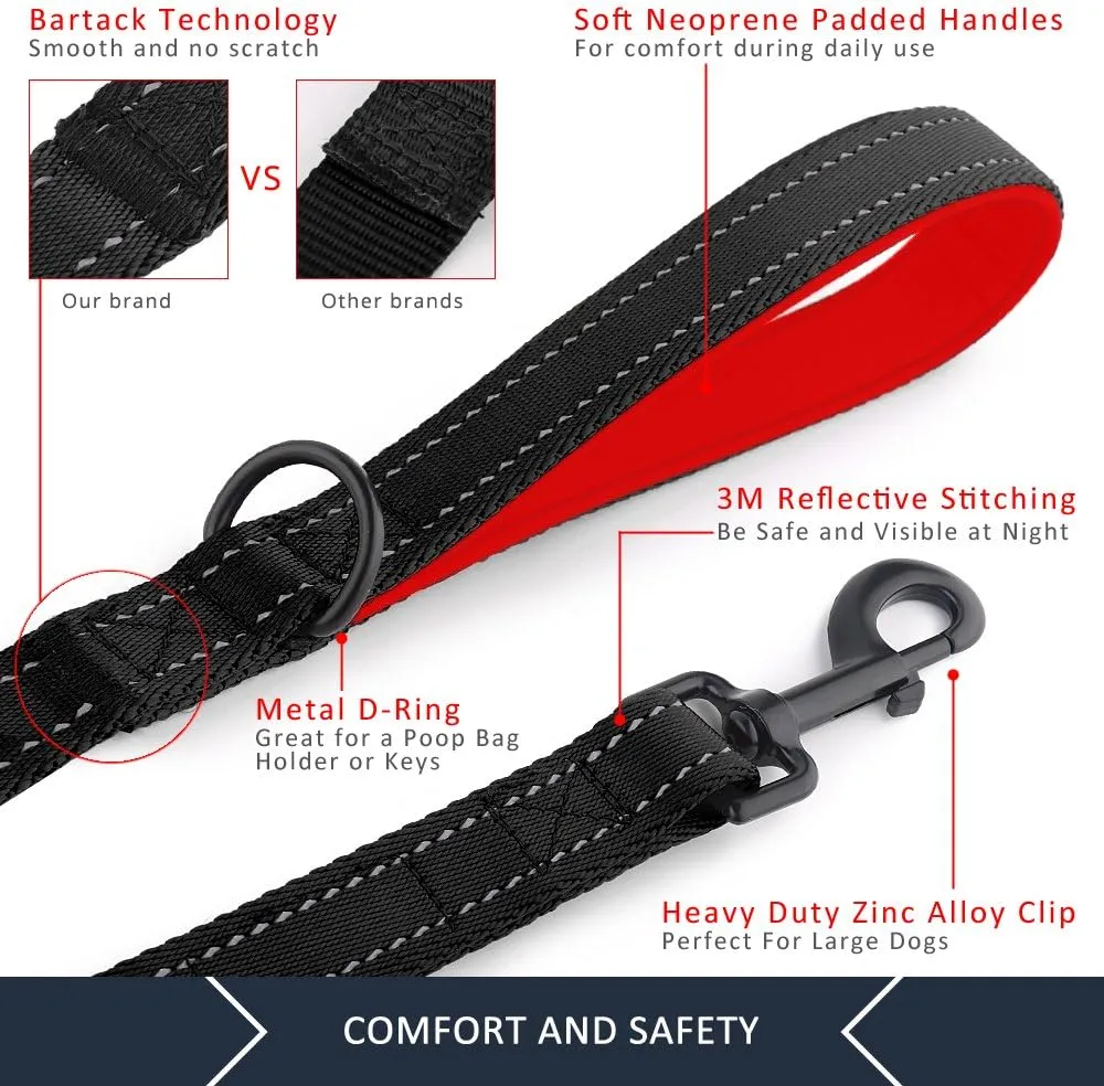 Plutus Pet Double Handle Dog Leash 6ft Long, Padded 2 Handle, Heavy Duty, Reflective Training Leash for Medium Large Dogs, Dual Handle Lead (Black)