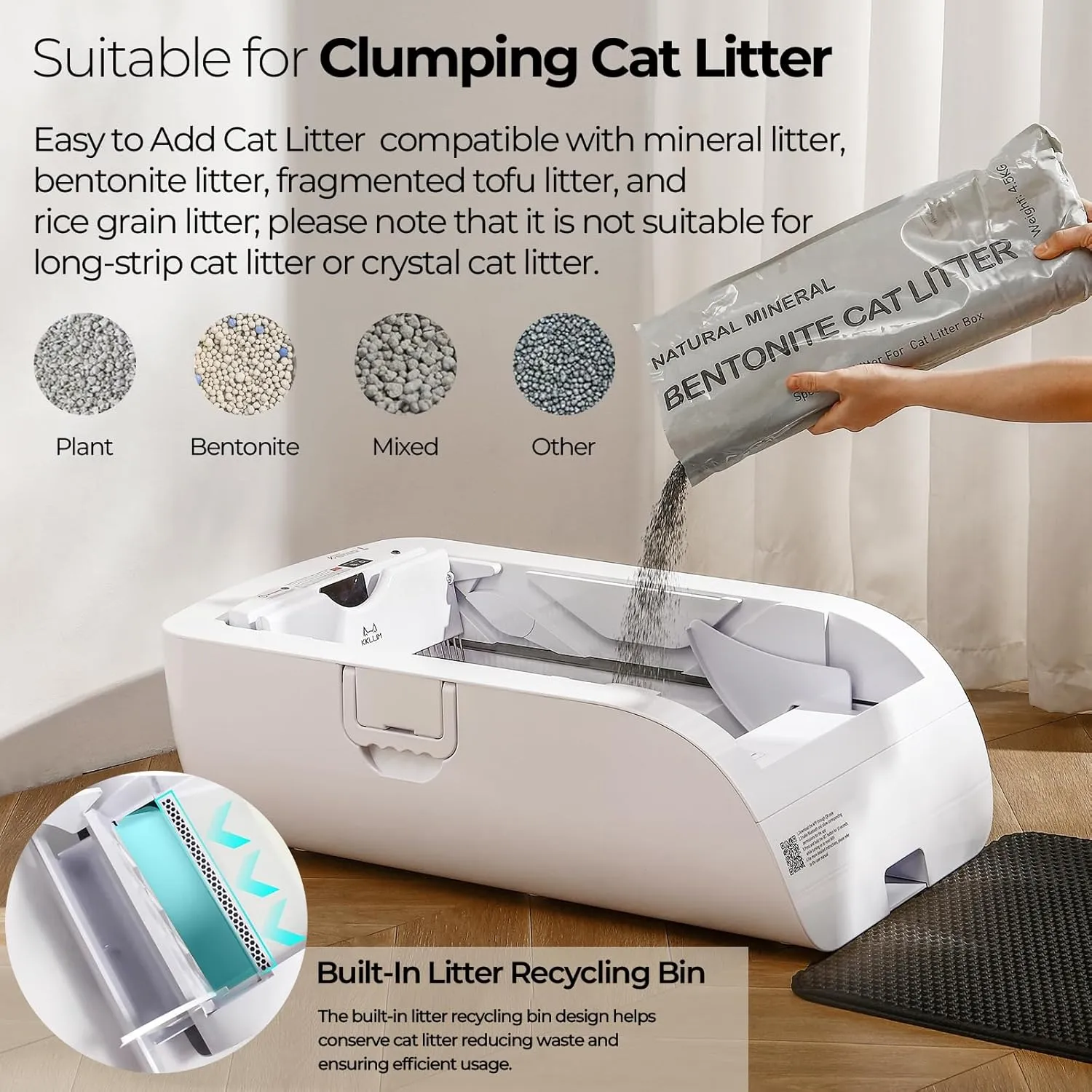 Self-Cleaning Cat Litter Box, WiFi & App Enabled Automatic Cat Litter Box, Works with Clumping Litter, Large Open Design for Single/Multiple Cats, Anti-Pinch Safety Odor Control (White)