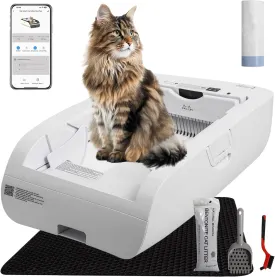 Self-Cleaning Cat Litter Box, WiFi & App Enabled Automatic Cat Litter Box, Works with Clumping Litter, Large Open Design for Single/Multiple Cats, Anti-Pinch Safety Odor Control (White)