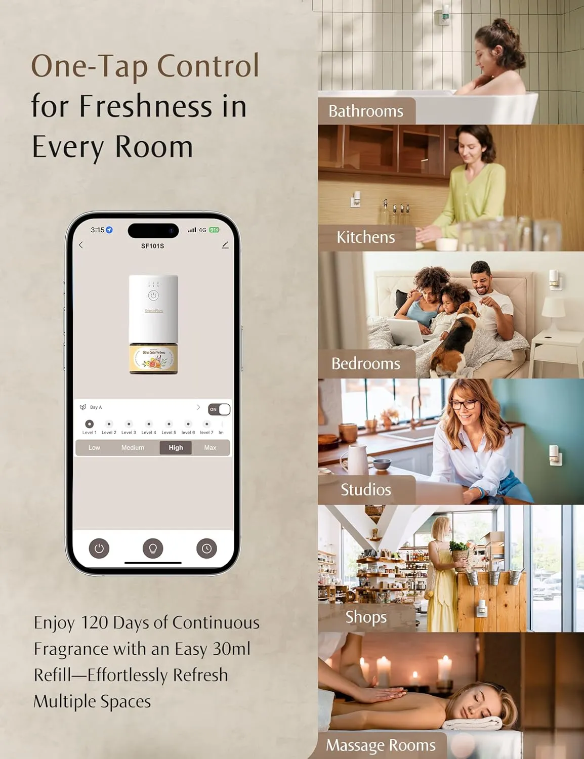 SF101S Smart Wi-Fi Waterless Ultrasonic Essential Oil Diffuser100% Plant-Based,120-Day Natural Air Freshener & Aromatherapy scent Diffuser Covers 100 for Home,Hotel-Coastal Blossom