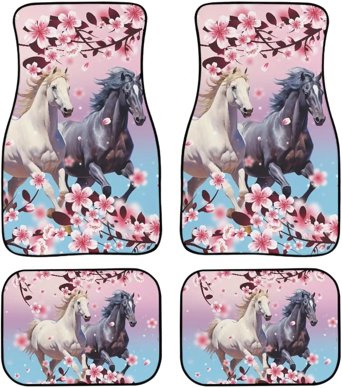 Showudesigns Flower Horse Car Floor Mats for Women 4-Piece All Weather Foot Pads Universal Fit for SUV,Trucks,Sedans,Vans Front & Rear Floor Mat Pink Cherry Blossom Floral