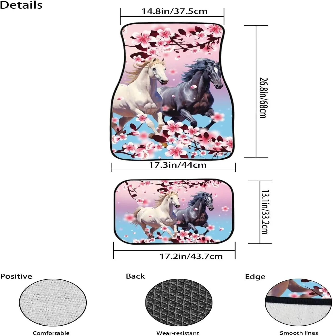 Showudesigns Flower Horse Car Floor Mats for Women 4-Piece All Weather Foot Pads Universal Fit for SUV,Trucks,Sedans,Vans Front & Rear Floor Mat Pink Cherry Blossom Floral
