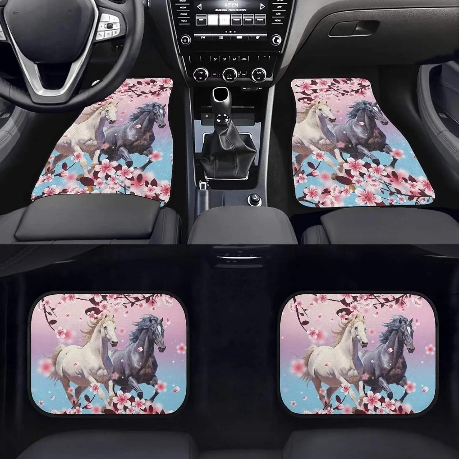 Showudesigns Flower Horse Car Floor Mats for Women 4-Piece All Weather Foot Pads Universal Fit for SUV,Trucks,Sedans,Vans Front & Rear Floor Mat Pink Cherry Blossom Floral