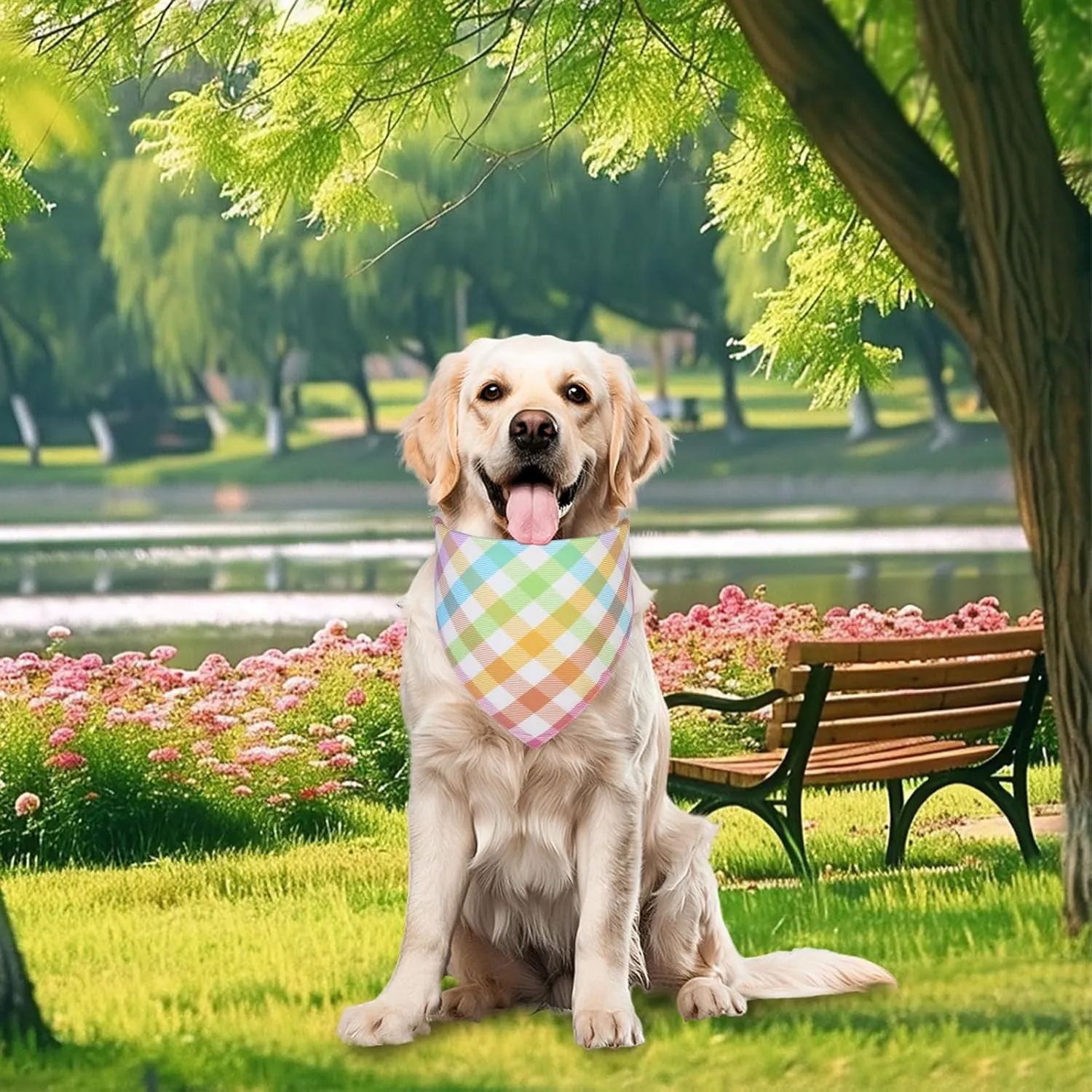 Spring Dog Bandana XLarge 1PCS, Colorful Plaid Dog Bandana, Easter Scarf for Boy and Girl, Summer Durable Triangle Reversible Bibs for Puppy Pet