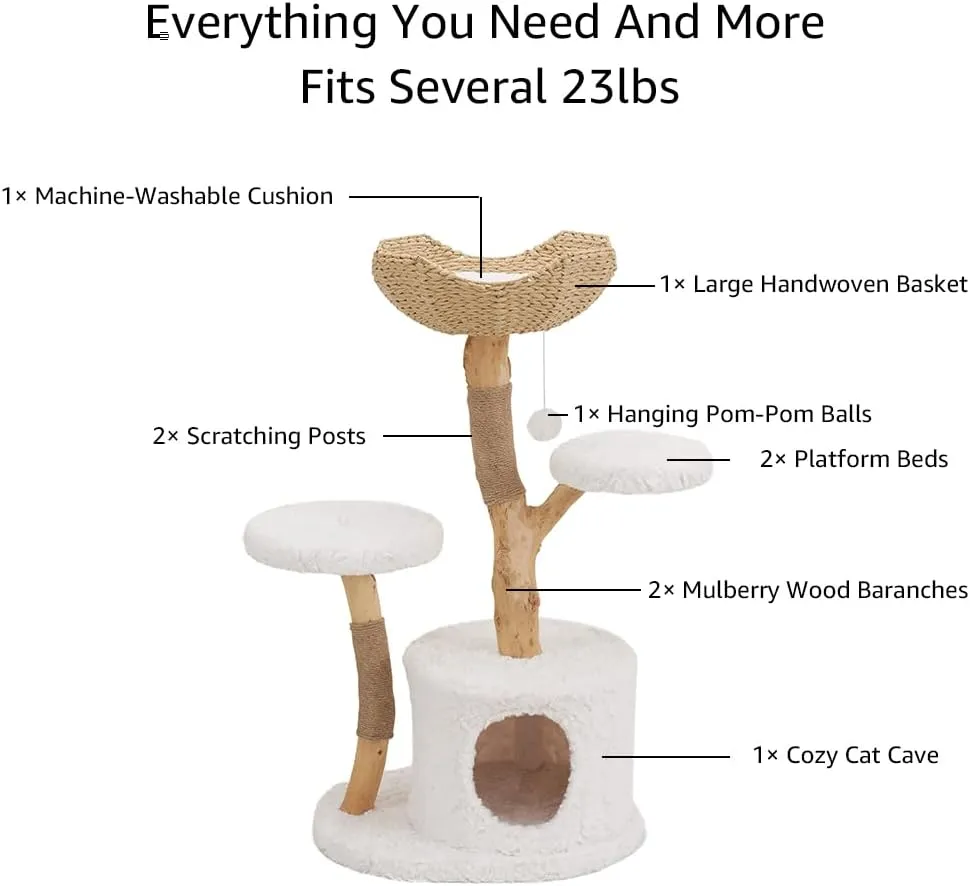 Unipaws Modern Cat Tree Tower for Small and Large Cats, Real Solid Wood Branch Luxury Cat Condo with Scratching Post and Cat Bed, Indoor Furniture for Cat Lover Gifts