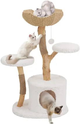 Unipaws Modern Cat Tree Tower for Small and Large Cats, Real Solid Wood Branch Luxury Cat Condo with Scratching Post and Cat Bed, Indoor Furniture for Cat Lover Gifts