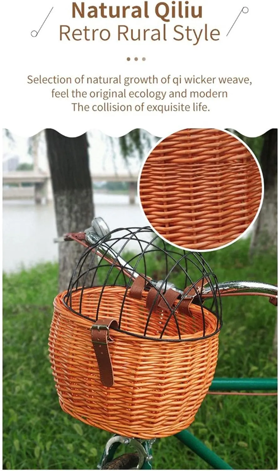 Wicker Bike Basket for Small Dogs Cats Pet Carrier Front Basket with Wire Mesh Cover (Wood color)