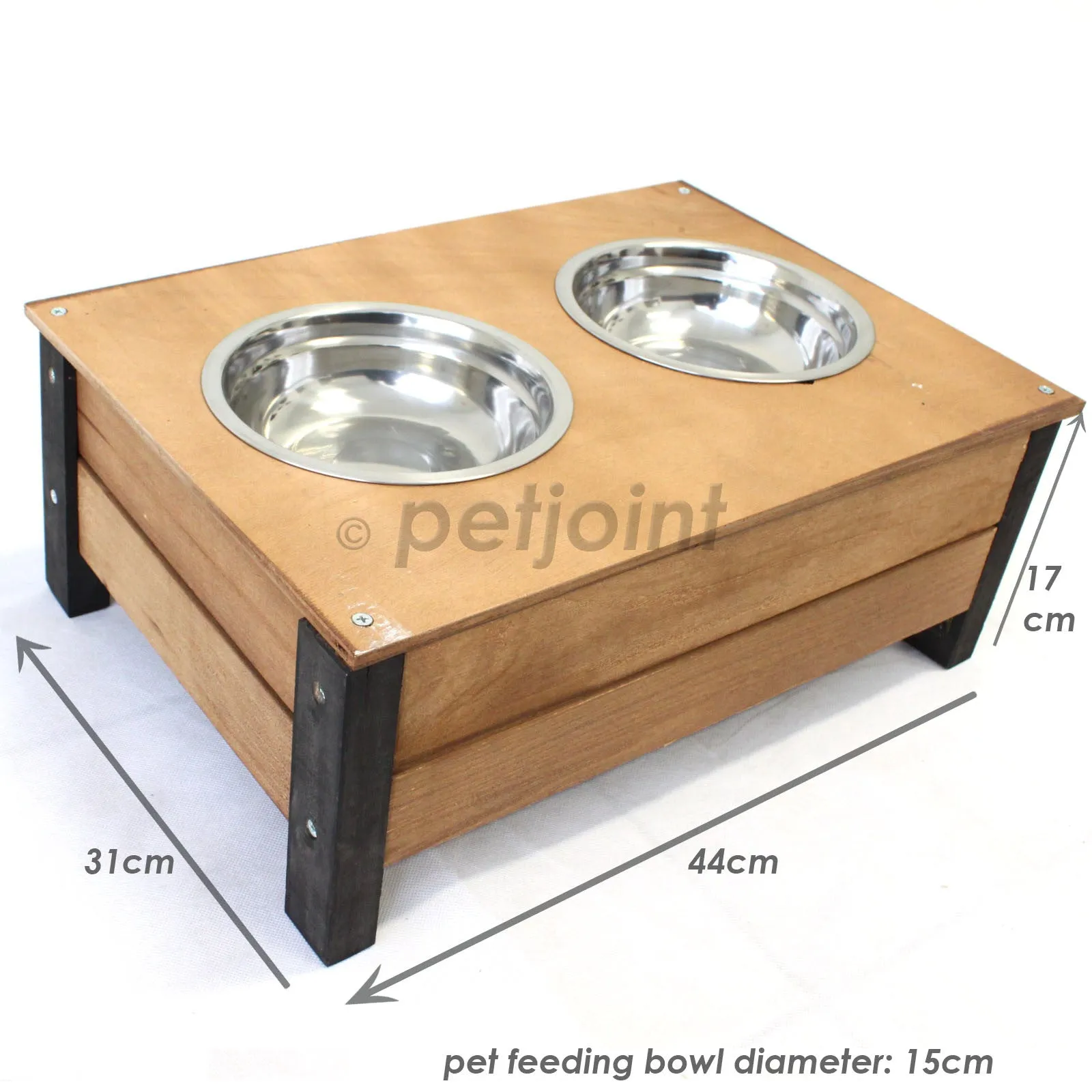 Wooden Food Bowl Holder   Two 18cm Stainless Steel Bowls