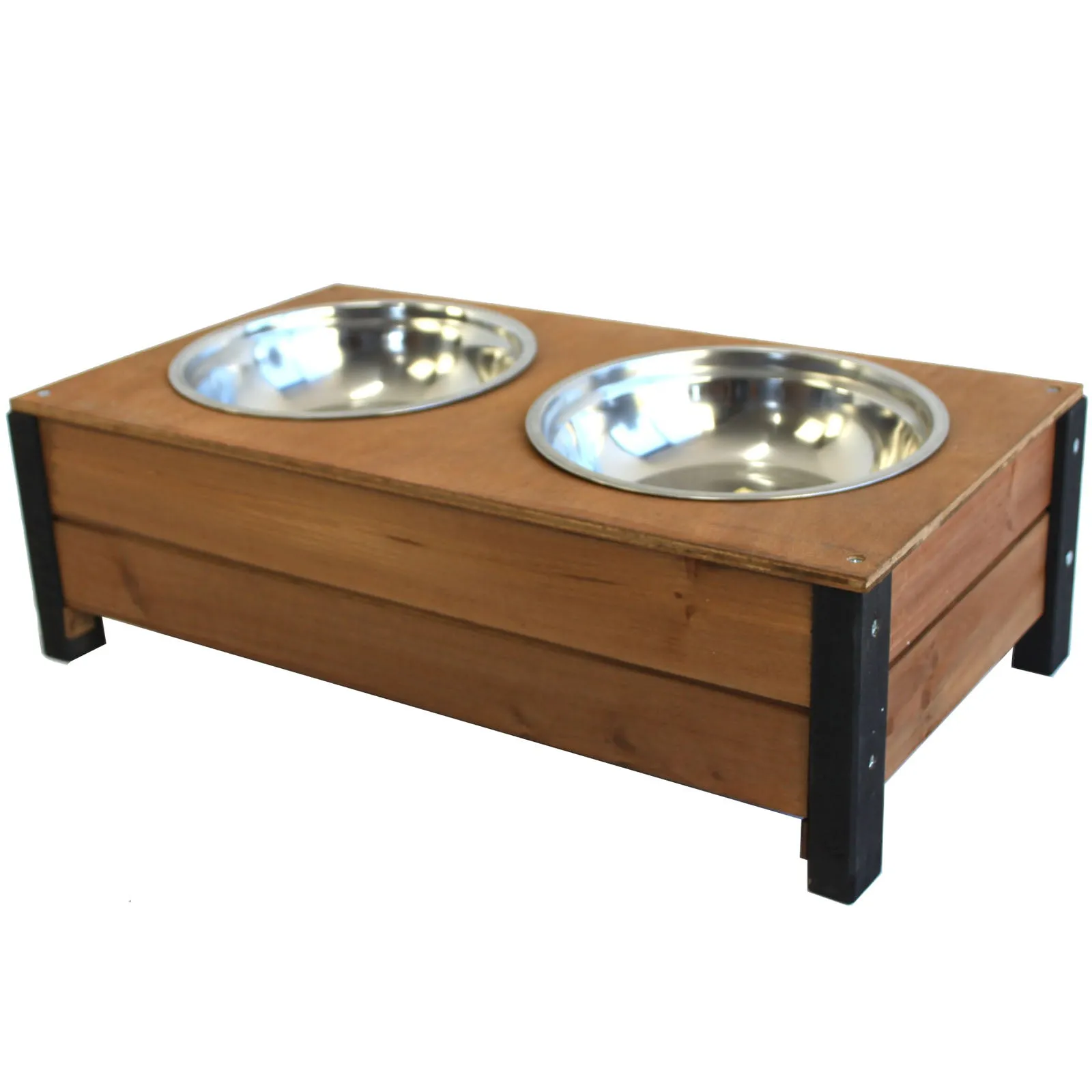 Wooden Food Bowl Holder   Two 23cm Large Stainless Steel Bowls